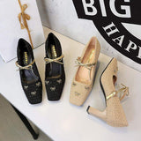 Talons Khaki Mary Jane Shoes Featuring Golden Bowknot Strap Sophisticated Square Toe Chunky High Heels for Women