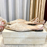 Elegant Floral Lace Women Flats Heeled Pointed Toe Gold Tip Ankle Strap Shoes for Wedding Party Comfortable Mesh Summer Footwear