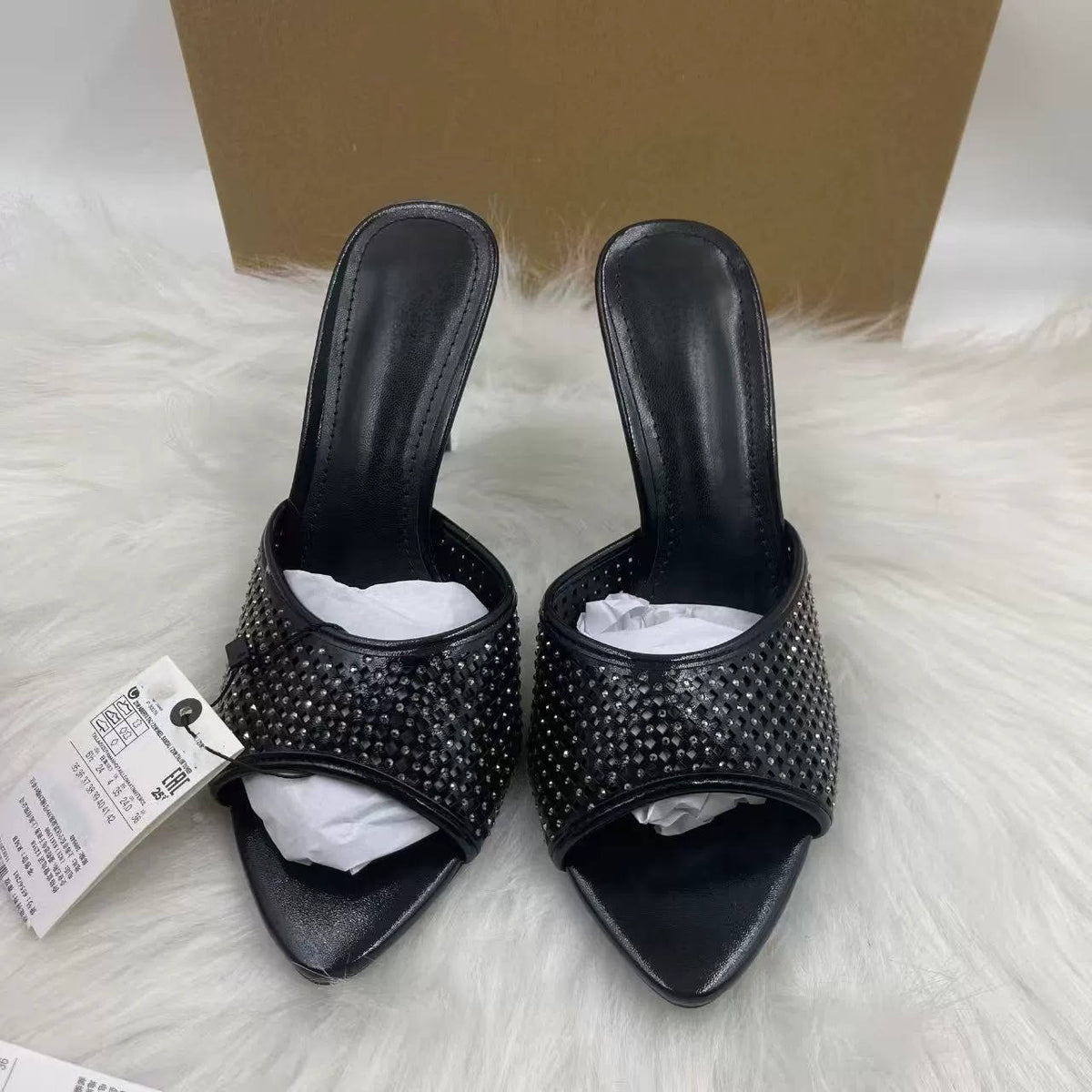 Women's Pointed-Toe Stiletto Sandals Rhinestone Open-Toe Heeled Slides, Premium Texture Quality Ladies Casual Shoes