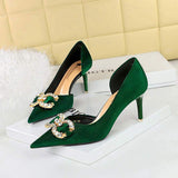 Faux Suede Wine Rhinestone Sandals New Women Green Shoes Pointed Toe Stiletto 7CM/10.5CM Heels