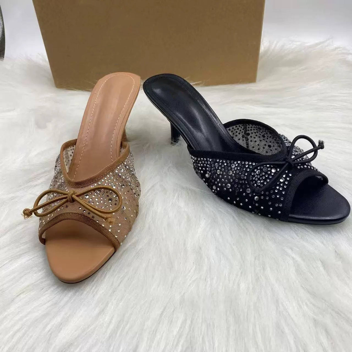 Sandales a Talons Pour Femmes Bowknot Open Toe Backless Ladies Sexy Mule Quality Women Heeled Sandals