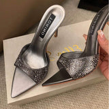 Fashion Rhinestone Heeled Sandals Women Pointed Toe Stiletto Mules Slip on Slide Sandals Sexy Bridal Prom Evening Shoes Heels