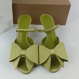 Satin-Feel Bow Embellished Pointed-Toe Mules with Single Strap Quality Elegant Women's Heeled Sandals