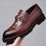 Premium Men's Leather Slip on Loafers With Horsebit Buckle Decor Chunky Anti Slip Platform Sole Formal Dress Shoes