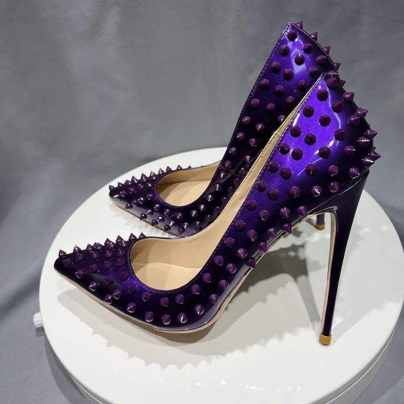 Custom Your Own Logo 12CM/10CM/8CM Quality 2024 Shoes Special Designs Studded Purple Heels for Women