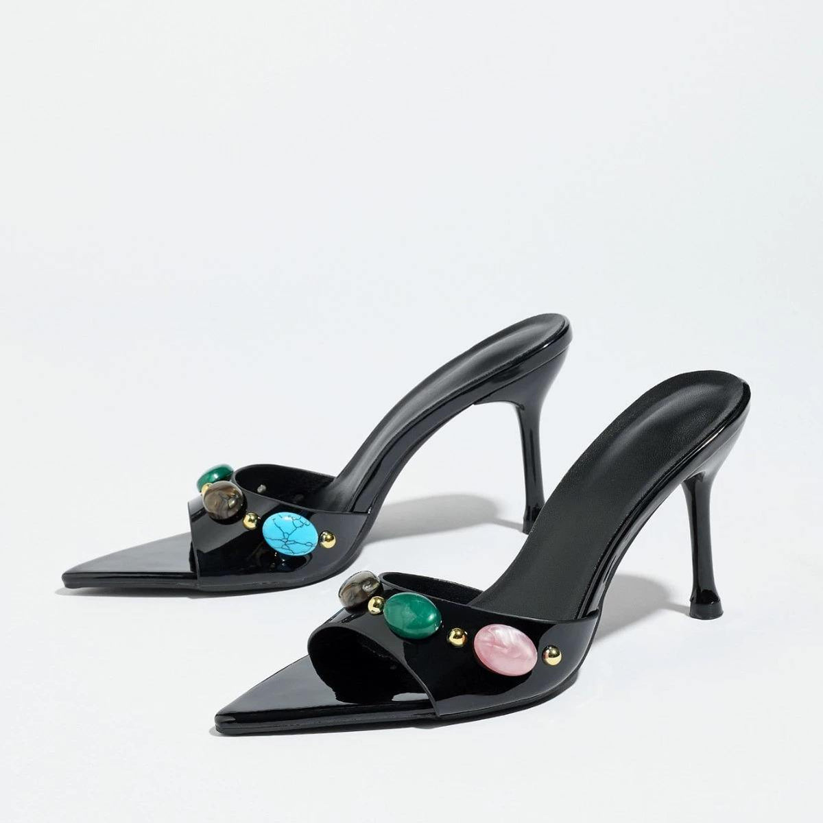 Bestselling Pointed-Toe Roman Beaded Women Sexy Stiletto-Heel Sandals Slip-On Cutout Stylish Black High Heels Pumps