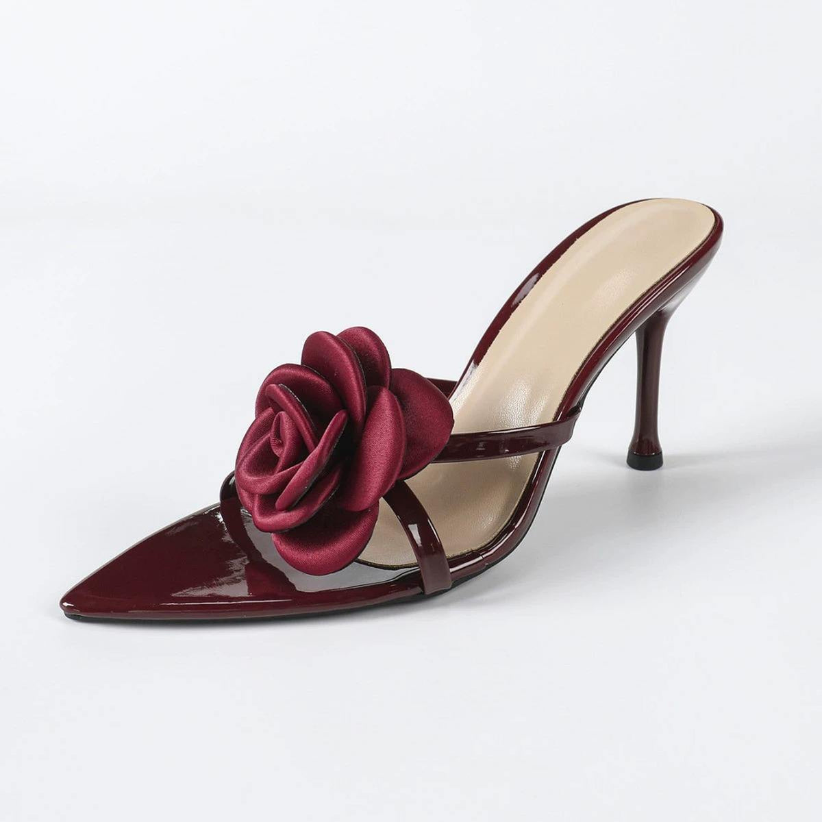 Cross-border Flower Patent Pointed-toe Sexy Women High-heel Sandals - Burgundy High-heel Shoes Pumps