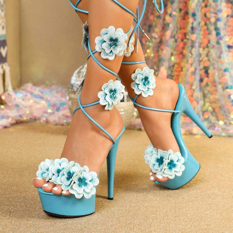 Flower Strappy Sandales Chaussures Dames Summer Open Toe Ankle Lace up Platform Strap Heels for Women