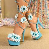 Flower Strappy Sandales Chaussures Dames Summer Open Toe Ankle Lace up Platform Strap Heels for Women