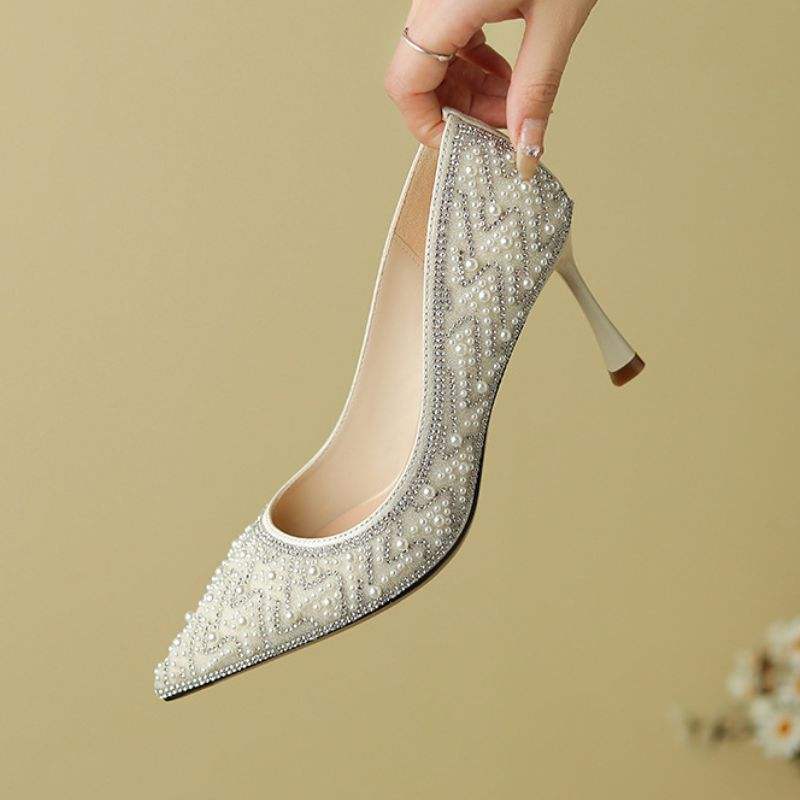 7CM Luxury Babouche Talon Pearl Fashion Wedding Party Slip on Pumps Mule Heel Shoes