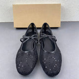 Elegant Lace Floral Women Mary Jane Flats Sparkly Sequin Mesh Bridal Wedding Shoes Breathable Bow Tie Ballerina Pumps