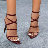 Ladies' Multiple Single-Strap Cross Ankle-Strap Pointed-Toe Women Sexy High Heel Sandals - Burgundy Extra-High Heel Footwear