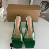 Women's Square-toe Single-strap PVC Transparent High Heel Sandals Crystal Chunky Heel Mule Sandals
