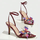 Ladies' Butterfly-Embellished Crisscross Back-Strap Pointed-Toe Sexy Women Heel Burgundy Sandals
