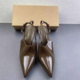Chic Patent Leather Pointed Toe Slingback Mules for Women Stylish V Cut Mid Heel Sandals Comfortable Formal Wedding Shoes