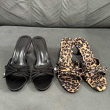 New Arrival: Women's Mid-Heel Sandals - Leopard Print, Mesh Fabric, Bow Accent, Slip-On Open-Back, Comfortable