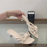 Elegant 2026 Square Toe Kitten Heel Mules Women Trendy Knotted Strappy Sandals Comfortable Slip on Dressy Party Shoes Slippers