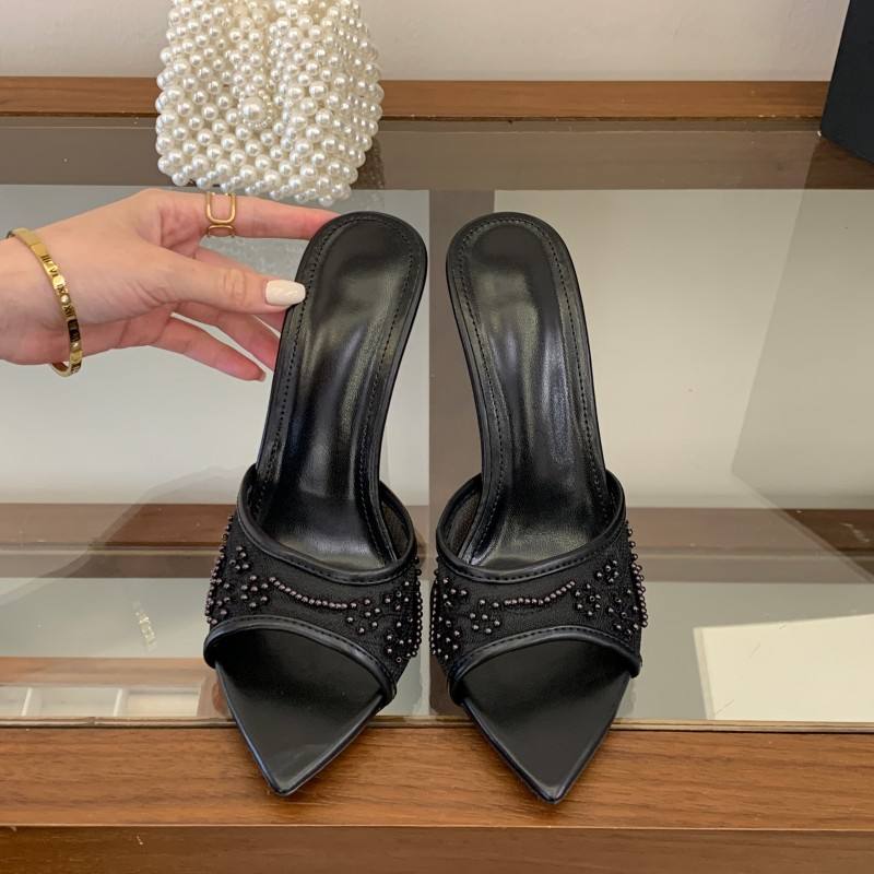 Women Pointed Toe Mules Elegant Mesh Flower Beaded Stiletto Heels Sexy 9CM Heel Slide Sandals Slip on Dress Shoes for Wedding