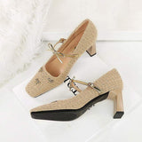 Talons Khaki Mary Jane Shoes Featuring Golden Bowknot Strap Sophisticated Square Toe Chunky High Heels for Women