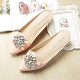 Rhinestone Zapatos Pointed Toe Loafer Mules Slip on Slides Flat Shoes Lady Women's Slippers