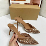 Sparkly Women Pointed Toe Stiletto Pumps Chic Sequin Beaded Slingback Heels Glamorous Evening Dress Shoes Wedding Guest Heels