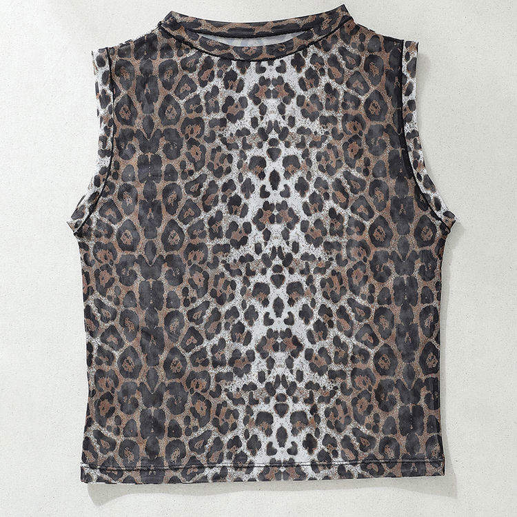 Popular Design Sexy Mesh See-through Top Leopard Print Slimming Women's Tops Sleeveless Half Turtleneck Top for Summer