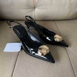 New Arrival Women's Black Patent Leather Pointed-toe MulesHeeled Sandals Oval Buckle Embellished Kitten Heel Backless Sandals