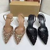 Women's Apricot Beaded Embellished Mesh Slingback Pointed-Toe Ladies Sexy Stiletto Mule Sandals