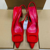 Women's Pointed-toe Block-heel Slip-on High Heels Sandals with Rhinestone Square Buckle and Ankle Strap Mules