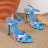 Summer Sky Blue Ankle Strap Sandals Pointed Open Toe High Heels Fashion Wedding Evening Party Mixed Color Dress Shoes for Women