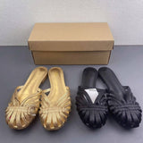 Metallic Gold Woven Flat Sandals Women Pointed Closed Toe Strappy Slides Elegant Summer Beach Outdoor Walking Shoes
