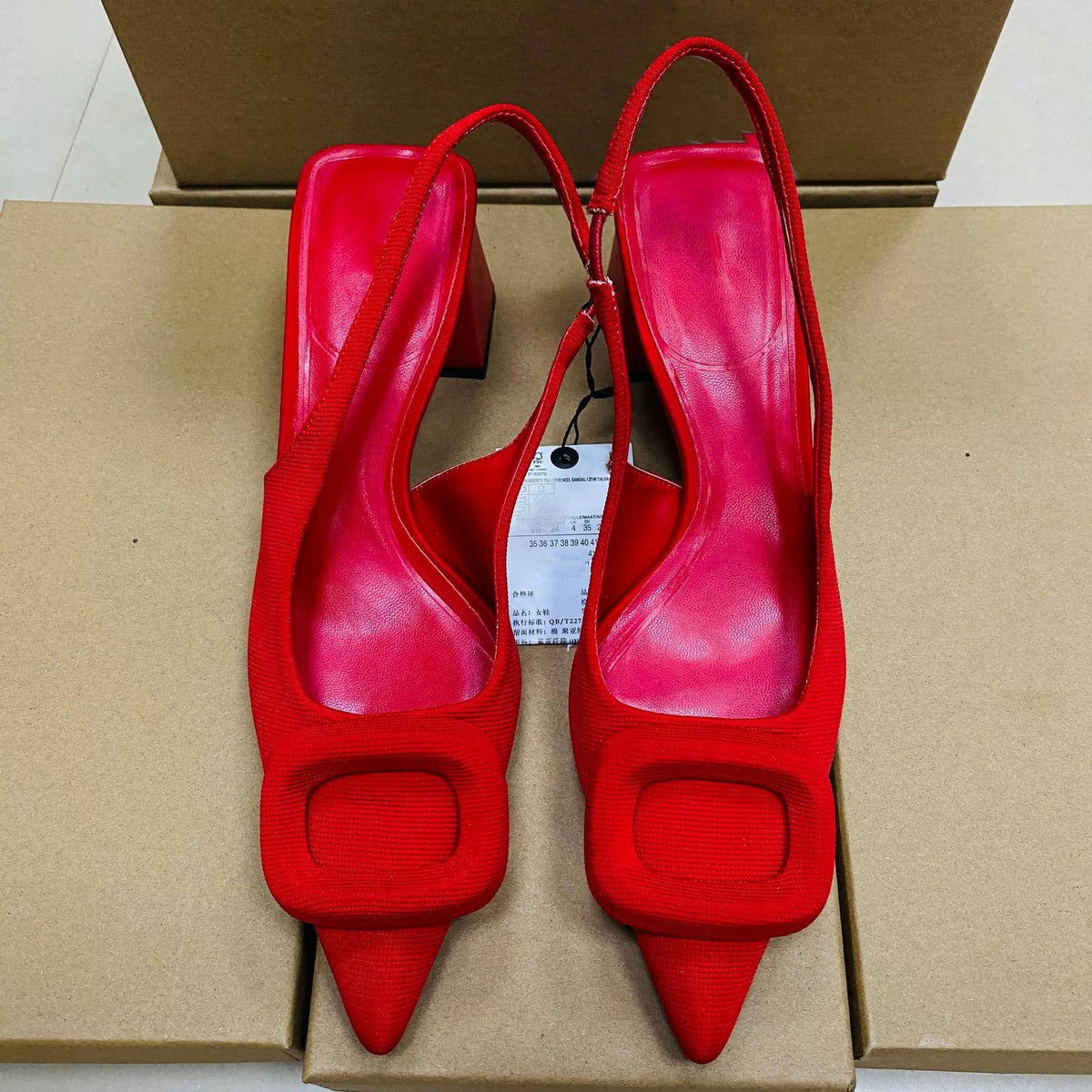 Women's Pointed-toe Block-heel Slip-on High Heels Sandals with Rhinestone Square Buckle and Ankle Strap Mules