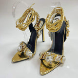 Ankle Lace up Chaussures a Talons Point Toe Luxury Sexy Crystal Gold Strappy Heels for Women