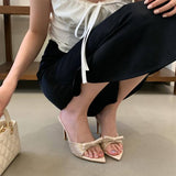 Sandalias Mujer Womens 2026 Sexy Rhinestone Bow Heeled Sandals Fashionable Pointed Toe High Heels Stiletto Mules Slippers