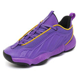 Mens Basketball Shoes Purple and Gold Lightweight Low Top Sneakers Women Court Athletic Footwear Non Slip Gym Sports Trainers