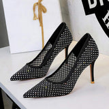 Rhinestone Mesh Women's Pointed Toe Luxury Dress Wedding Shoes Elegant Single Heels