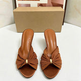 Women Orange Pleated Kitten Heel Sandals Stylish Twisted Knot Design With Gold Ring Detail Comfortable Summer Slip on Mules