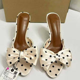 Women's Satin Bowknot Polka Dot Elegant Fashion Women Stiletto Heel Slide Sandals Beautiful Ladies High Heel Mules