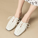 Square Toe Woven Mule Heels for Women 4.5Cm Mid Heel Genuine Leather Upper Pigskin Lining Comfortable Breathable Casual Slides