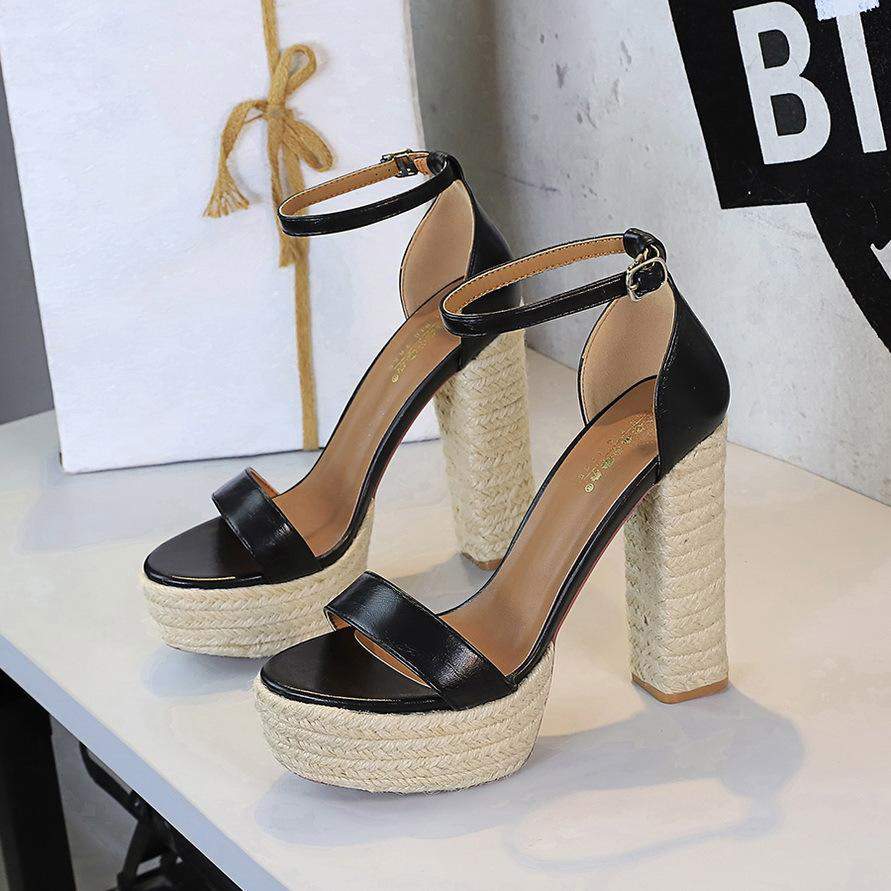 2025 New Sandals Straw Rope Weave Platform High Heels Women Thick Bottom Casual Shoes Sexy Model Summer Buckle Strap Pumps
