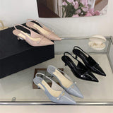 Elegant Pointed Toe Slingback Heels Women Stylish Kitten Heel Pumps with Pearl Detail Grey Dress Office Shoes