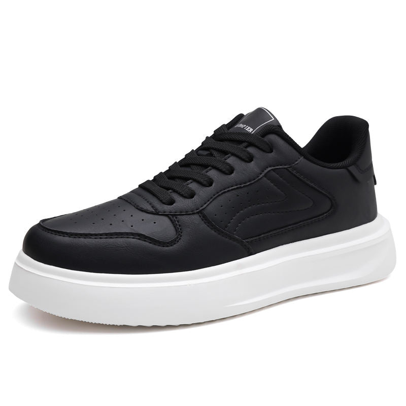 Men Fashion Sneakers Black White Leather Casual Shoes Daily Wear Perforated Walking Footwear Versatile Low Top Platform Shoes