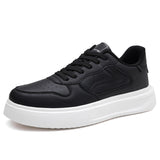 Men Fashion Sneakers Black White Leather Casual Shoes Daily Wear Perforated Walking Footwear Versatile Low Top Platform Shoes