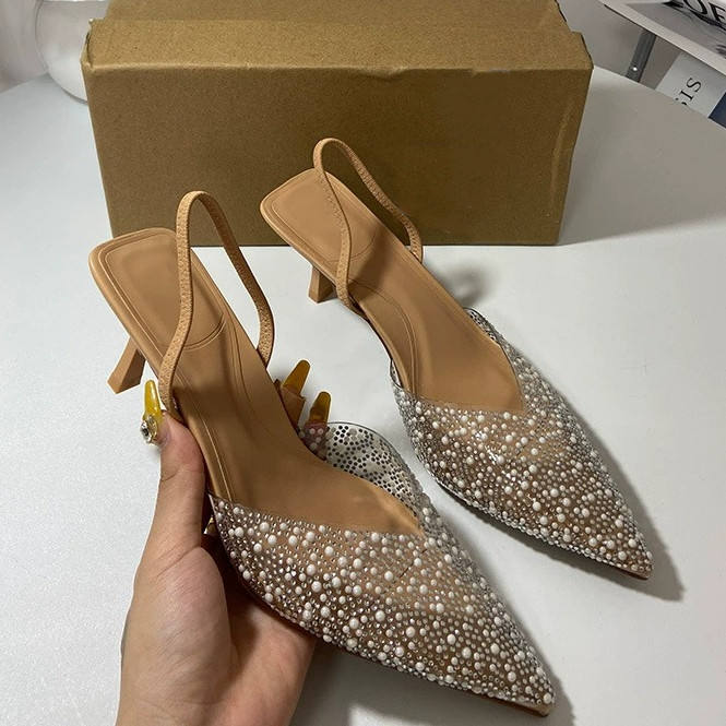 Summer Pointed-Toe Women's Stiletto Heels Sandals Open-Back, Pearl-Detailed, Ankle-Strapped, Toe-Covered Slide Sandals