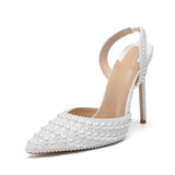 Big Size Ladies Full Pearl Decorated High Heels Pointed Toe Slingback Pumps Elegant White Dress Shoes Women Sexy Heeled Sandals