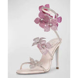 2026 Hots Luxury Crystal Blossom Sandals Sexy Ankle Wrap Flower Stilettos Glamorous Open Toe Wedding Shoes for Women Heels