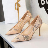 2025 New Lace Glitter Women Pumps Shallow Mouth Mesh Hollow Party Single Shoes Stilettos Pointed Toe Pumps High Heels