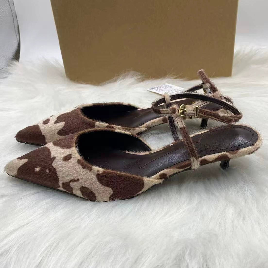 Cow Print Closed-Toe Women's Sandals Thin Heel Backless Summer, European & American Style Kitten Heel Pumps