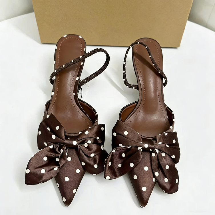 Women Pointed Toe Slingback Heels Elegant Satin Polka Dot Pumps With Oversized Bow Sexy Stiletto Party Shoes Dressy Heels Chic