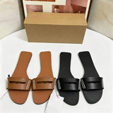 Minimalist Flat Sandals Women Contrast Stitching Cut Out Slide Sandals Luxury PU Leather Summer Beach Outdoor Slip on Shoes